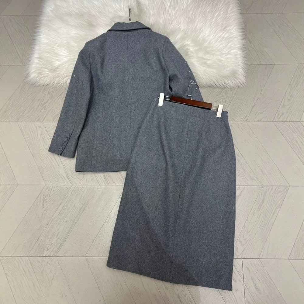 Autumn Winter Women Rhinestone Wool Blazer Split Hem Midi Skirt 2 Piece Elegant Suit Set