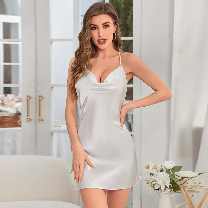 Women\'s Pajamas Sexy Short Backless Fork Slip Dress Imitation Silk Thin Dress Female Solid Color Summer V-neck Home Nightdress