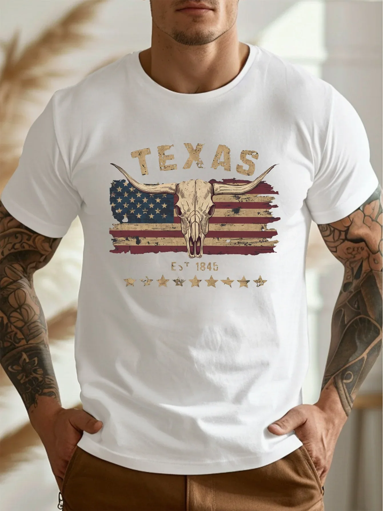 تي شيرت تكساس برايد للرجال بمقاس كبير، خفيف الوزن من البوليستر، كاجوال برقبة دائرية مع رسومات العلم الأمريكي على شكل جمجمة طويلة #2