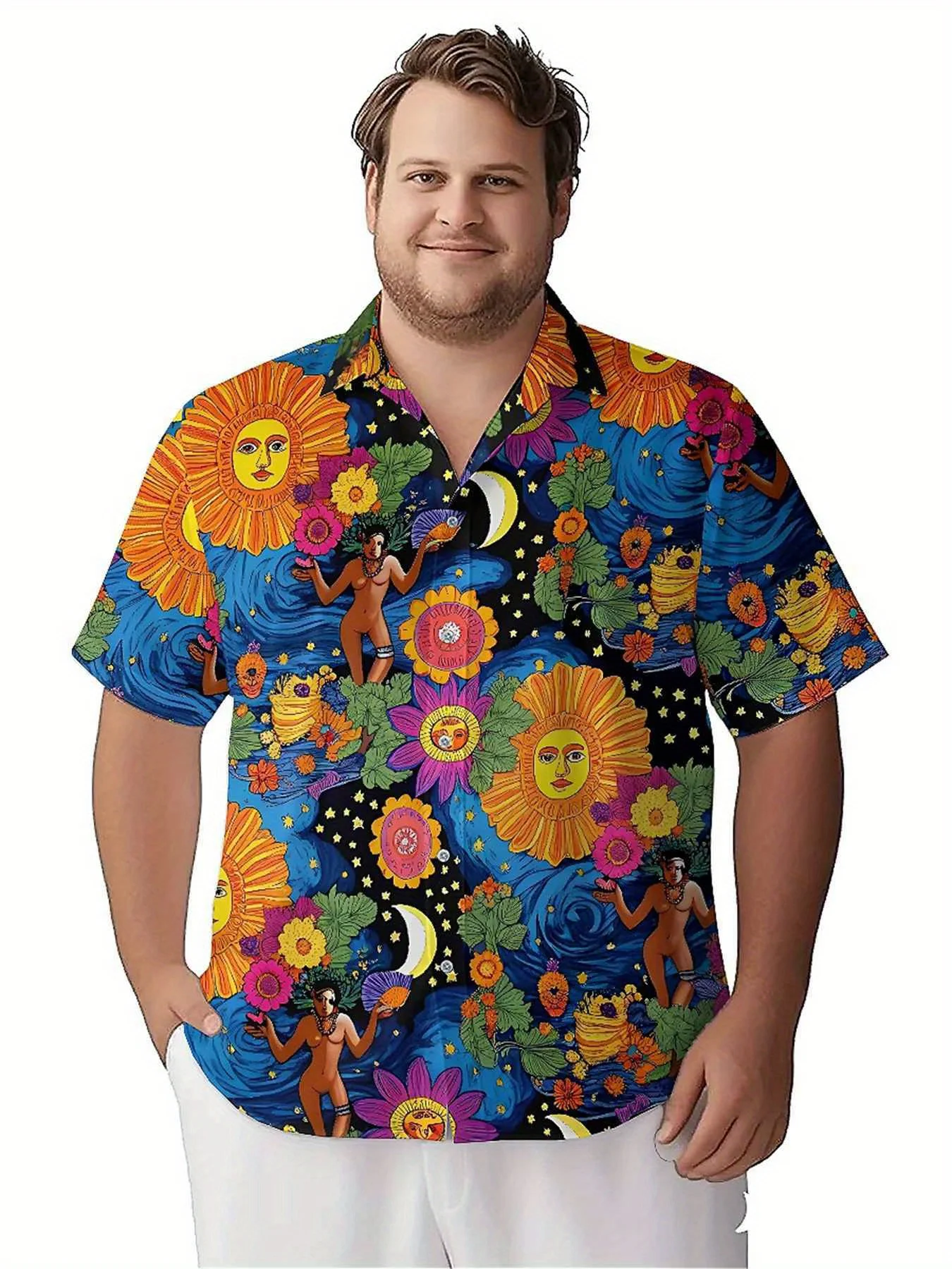 Men's Plus Size Hawaiian Shirts Star and Sunflower pattern,Premium Comfort Youth Clothes,Streetwear Y2K Tops
