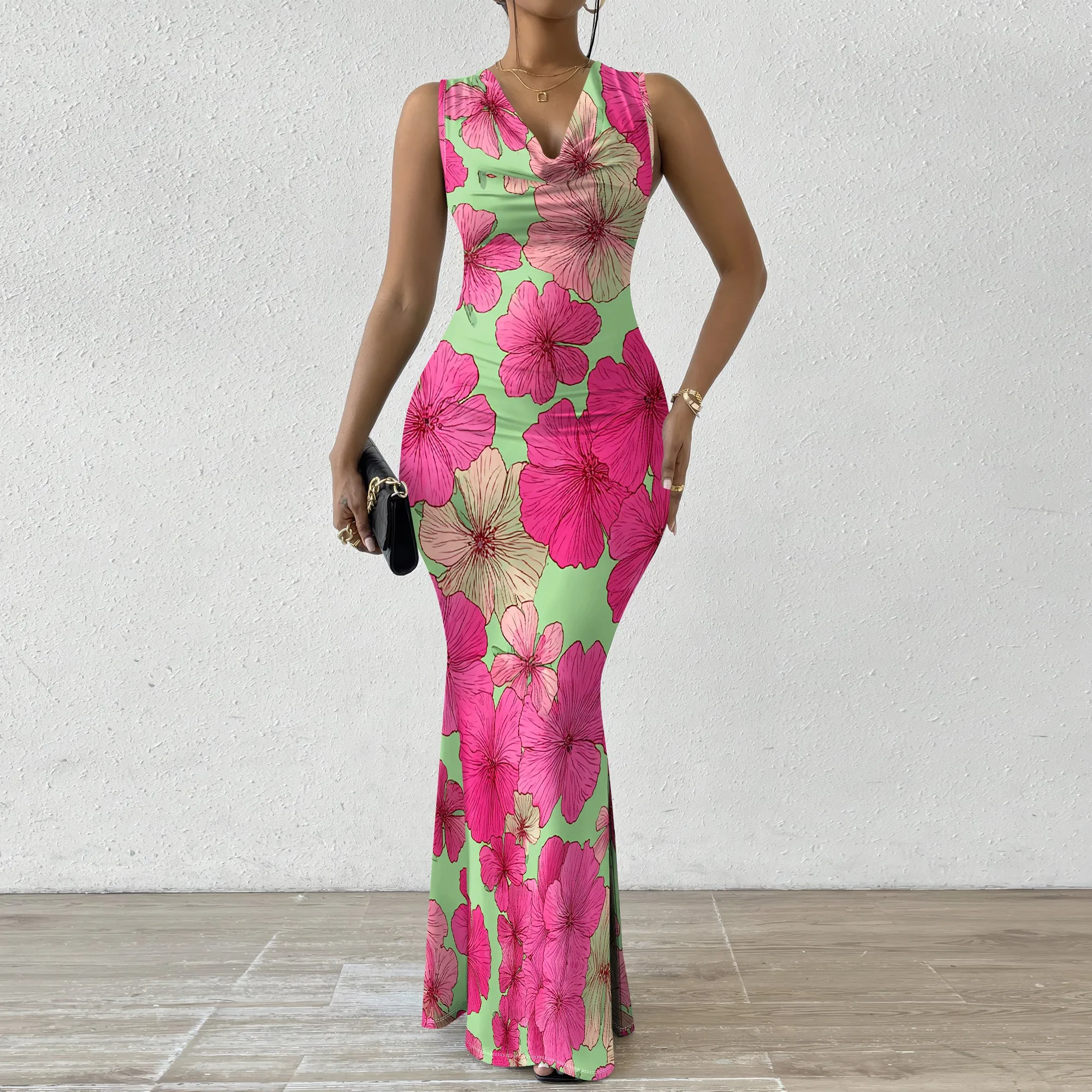 

Women's Floral Print Sleeveless Maxi Dress Elegant V-Neck Bodycon Mermaid Dress for Summer Vacation XS-2XL