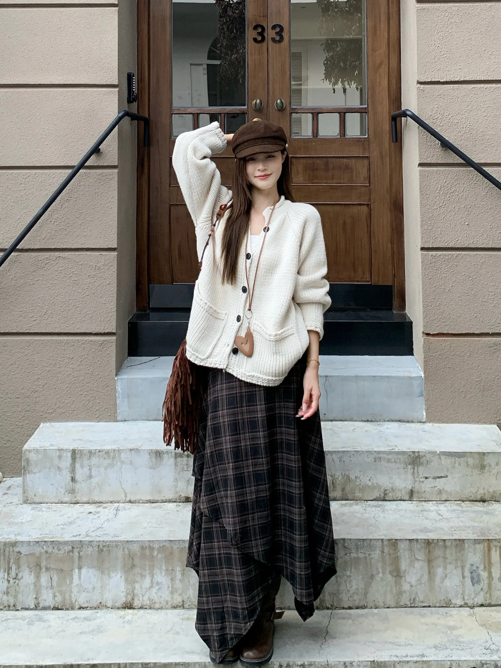 

plus Size Casual Knitted Set Women's Autumn New Lazy Style Sweater Top And Skirt High Waist Irregular Plaid Half-length