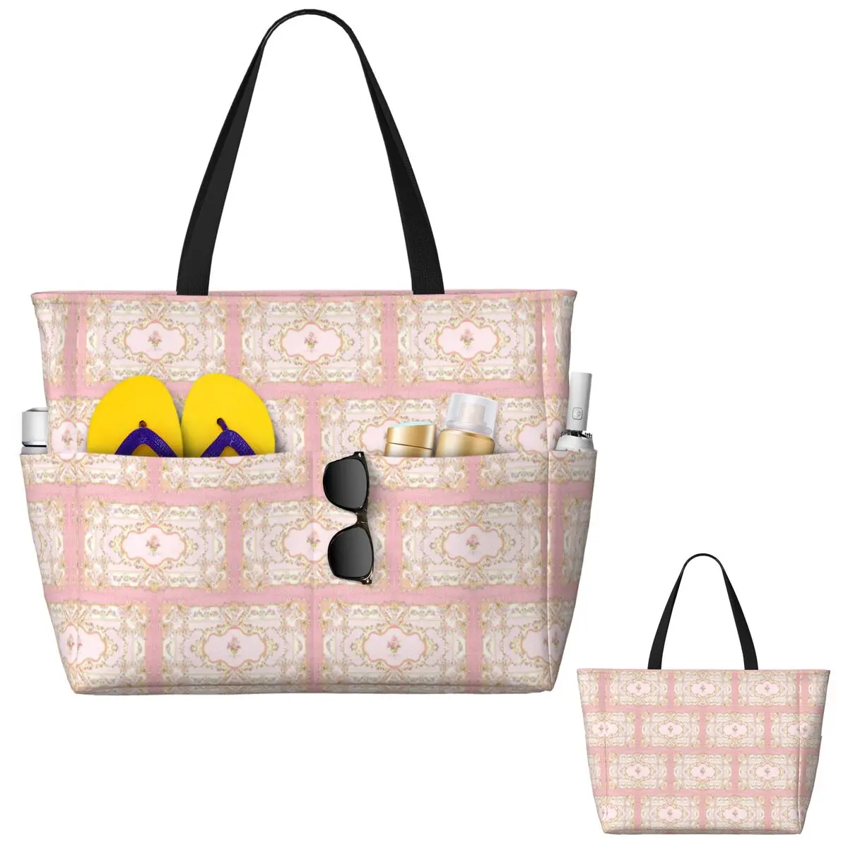 French Rococo Pink Floral Watercolor Panel Beach Tote Bag Sport Gym Yoga Duffle Large Tote Bag Women Travel Bag Fitness bag