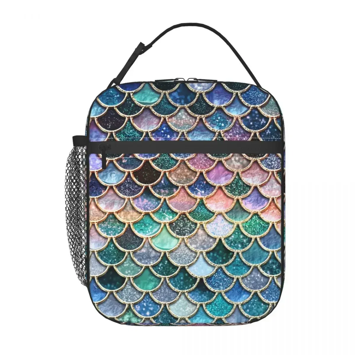 Pretty Colorful Glitter Scales Insulated Lunch Bag for Women Waterproof Thermal Cooler Lunch Box Beach Camping Travel