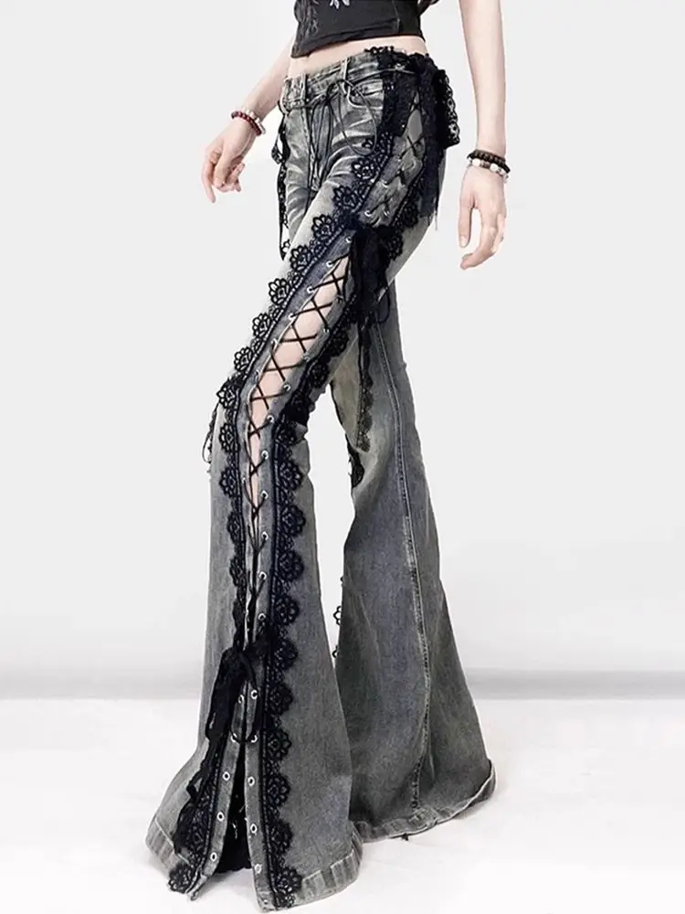 

Retro Eyelets Lace Up Flare Jeans Stitch Lace Whiskers Slim Low Rise Split Bootcut Pants Women Bell Bottoms Streetwear
