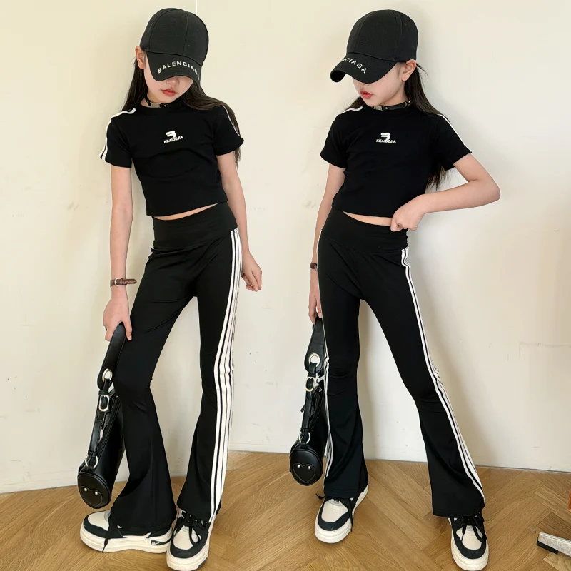 Summer Girls 2 Pcs Set Baby Crop Top + Flare Pants Children Clothes Teenage Suit Fashion Side Striped Letter Skinny Kids Outfits