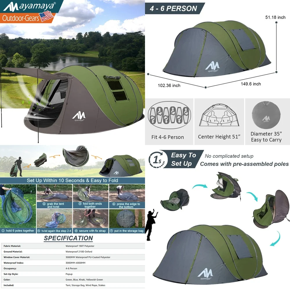 

GazebosInstant Pop Up Camping Tent for 4 6 People Waterproof Double Layer Outdoor Use