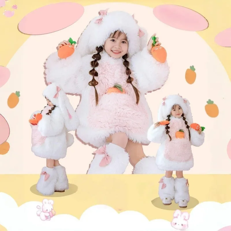 

Children Cute Plush Rabbit Cosplay Costume White Top Pants Hat Fall Winter Warm Animals Suit for Girls Halloween Party Outfits