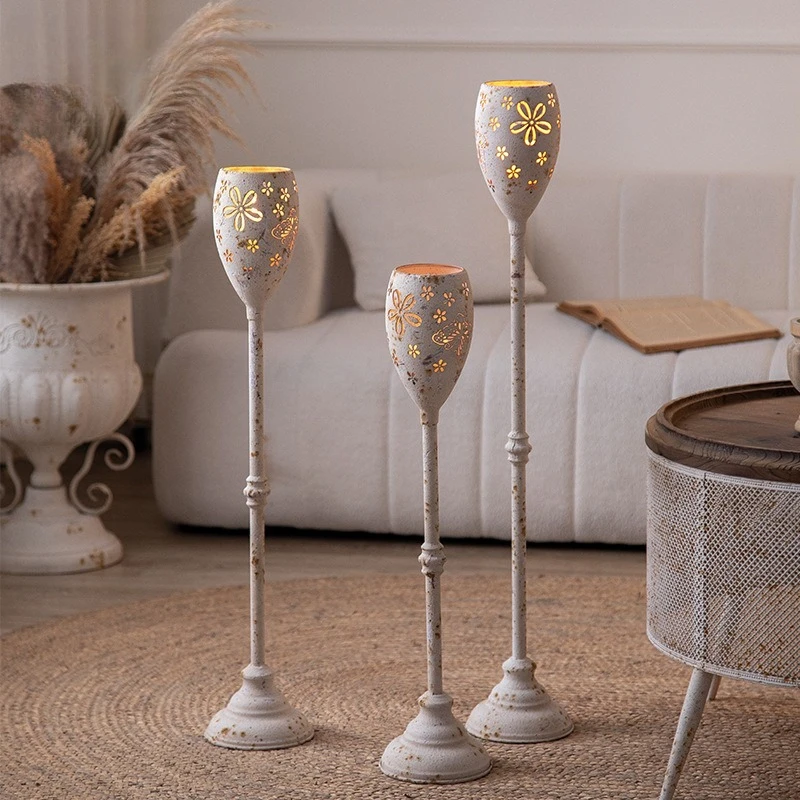 

American Christmas Candle Holder Floor Stand White Iron Retro Romantic Candlelight Decor for Balcony Garden Wedding Home Decor