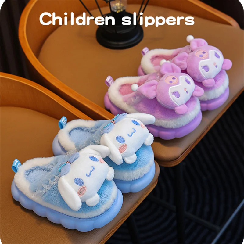 Sanrio Parent-child Cotton Slippers Pochacco Kurome Cinnamoroll Autumn and Winter Home Warm Fur Shoes Winter Baby Fur Slipper