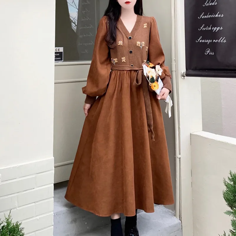V-Ne Embroidered Floral Knitted Patchwork Corduroy Long Dr Autumn Winter plus Size Waist-Cinching Belted Dr for Coat