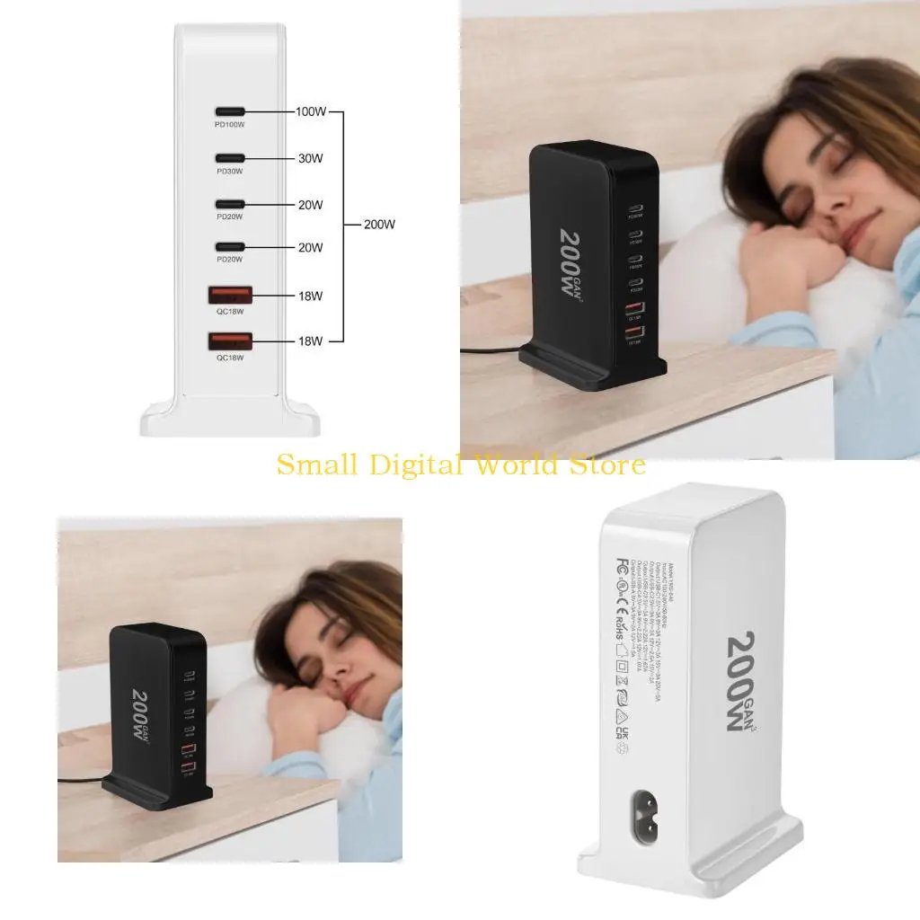 77UB 200 واط 6 منفذ شحن سريع محور الطوب 2 USB + 4 نوع C شحن مكعب صندوق الجدار شاحن محول الطاقة للسفر المنزل