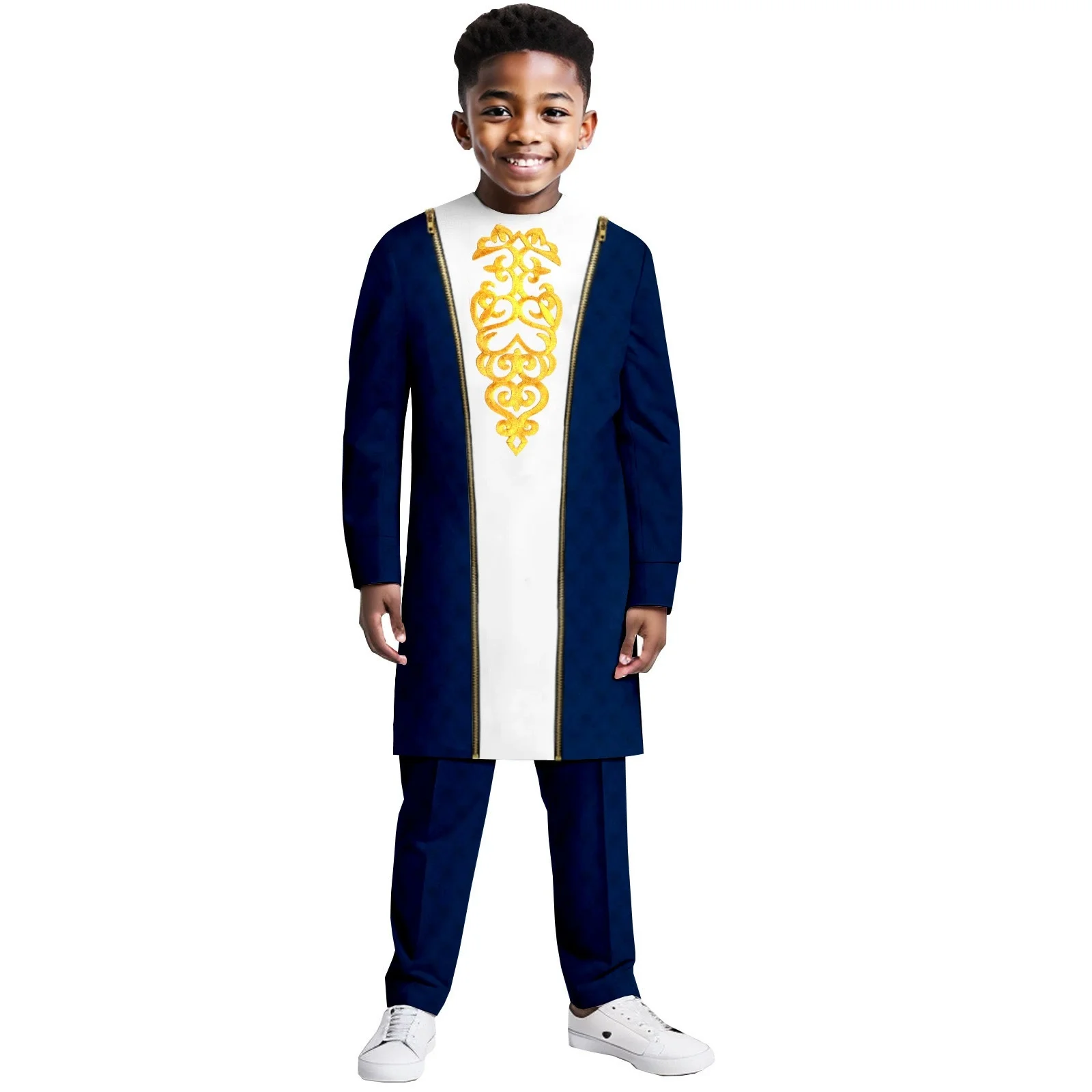 White Kaftan Boy Suit Embroidery Floral Top Pants Kaunda Suit African Casual Outfits Wear Traditional 2PCS Set Wedding Tuxedo
