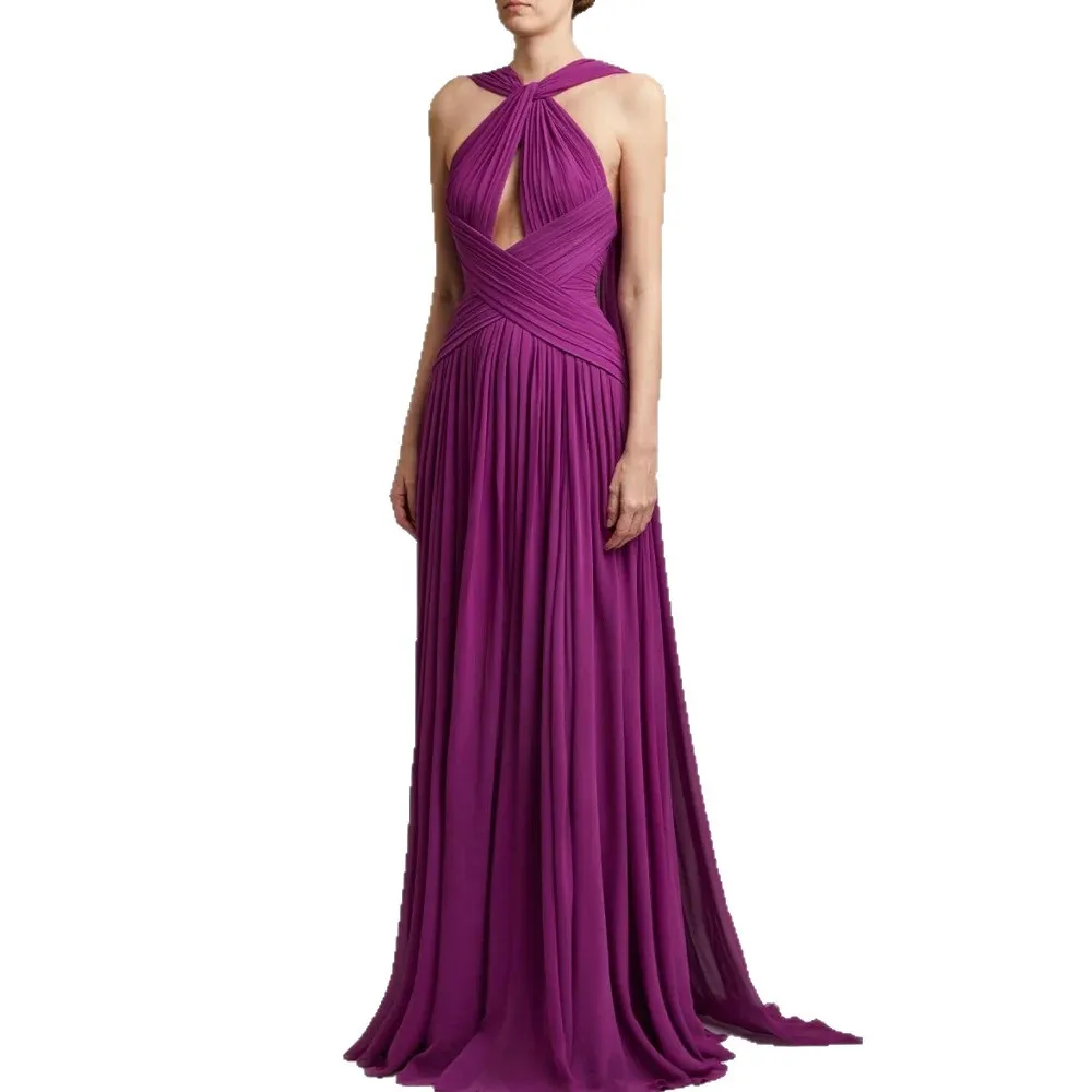 スリムなAラインのネラインロングドレス、パープルレッド、誕生日パーティー用、ポリエステル生地、ノースリーブ、ミッドウエスト、イブニングドレス