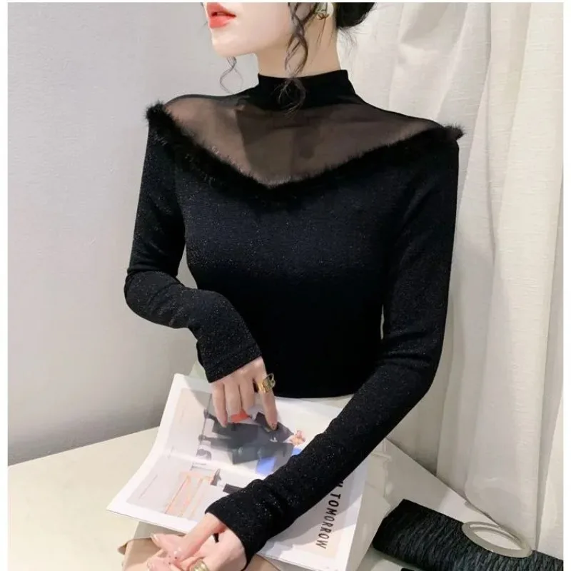 

Bright Silk Women's Autumn Winter European Sexy Plush Mesh Patchwork Top Fashion Slim Fit with Tees Long Sleeves