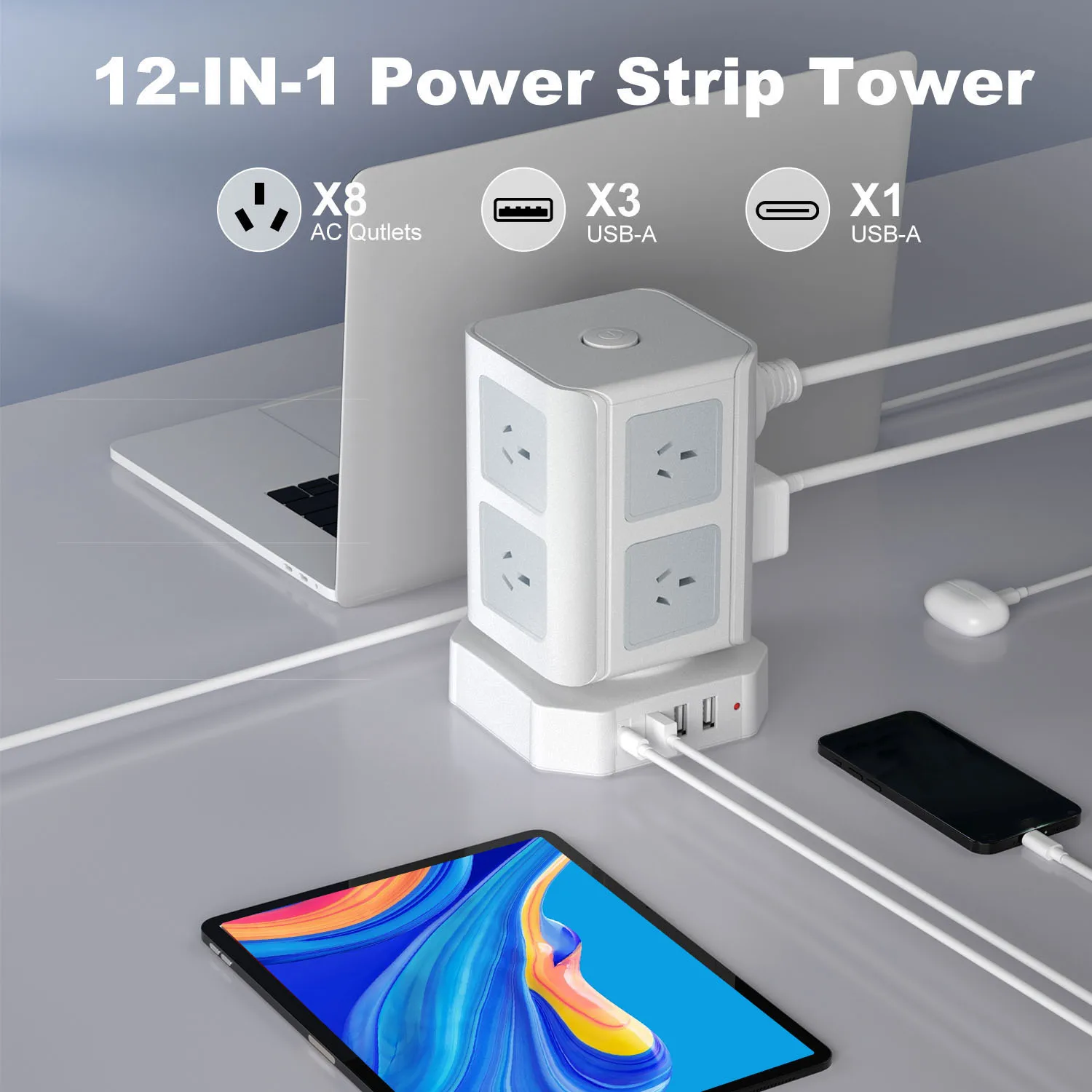 2M Australian Standard 8-Outlet Surge Protector Power Strip with 1 Type-C & 3 USB Ports, Vertical Tower with Switch
