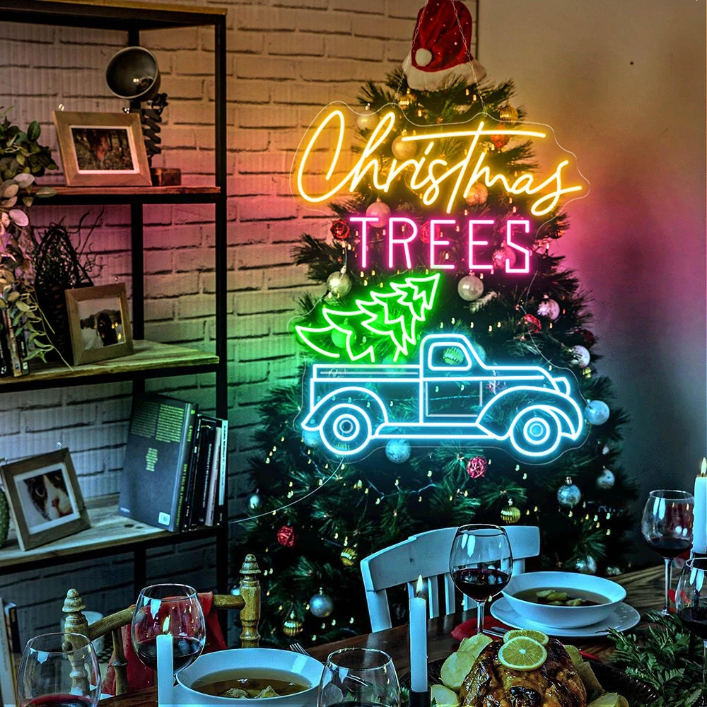 Christmas Tree Car Neon Sign for Christmas Party Living Room Wall Art Decor LED Neon Light Handmade Merry Christmas Neon Sign