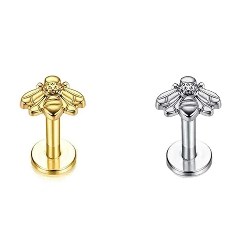 

F136 Titanium Alloy Ear Bone Stud with Bee Design, Internal Spiral Lip Ring, and Conch Pin