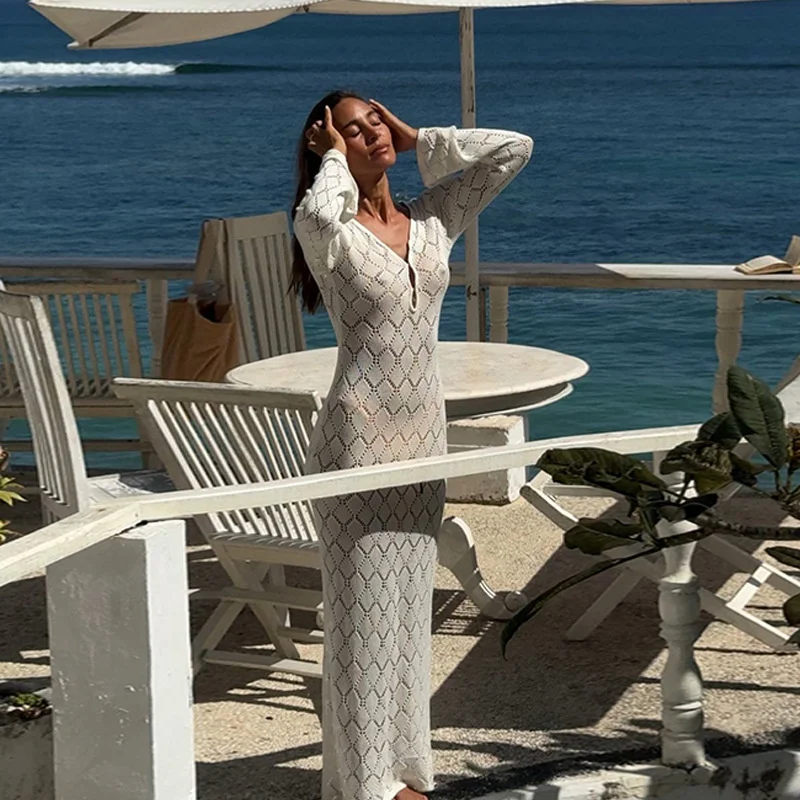 Abito estivo con fasciatura a V profonda a maniche lunghe, copricostume da donna in maglia, costume da bagno sexy da spiaggia all'uncinetto, costume da bagno femminile