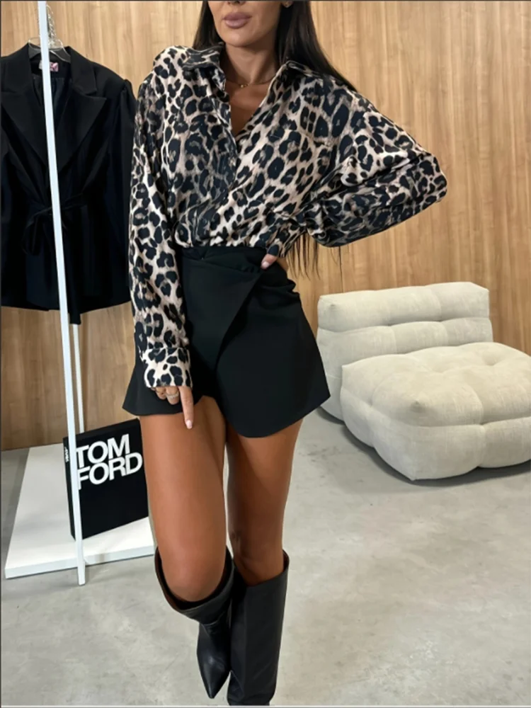 Camisa feminina lapela botão manga comprida estampa leopardo sexy senhora do escritório outono casual topo