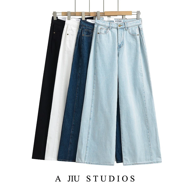 

Американские плиссированные широкие джинсы с высокой талией в стиле ретро, женские свободные тонкие прямые повседневные брюки длиной до пола