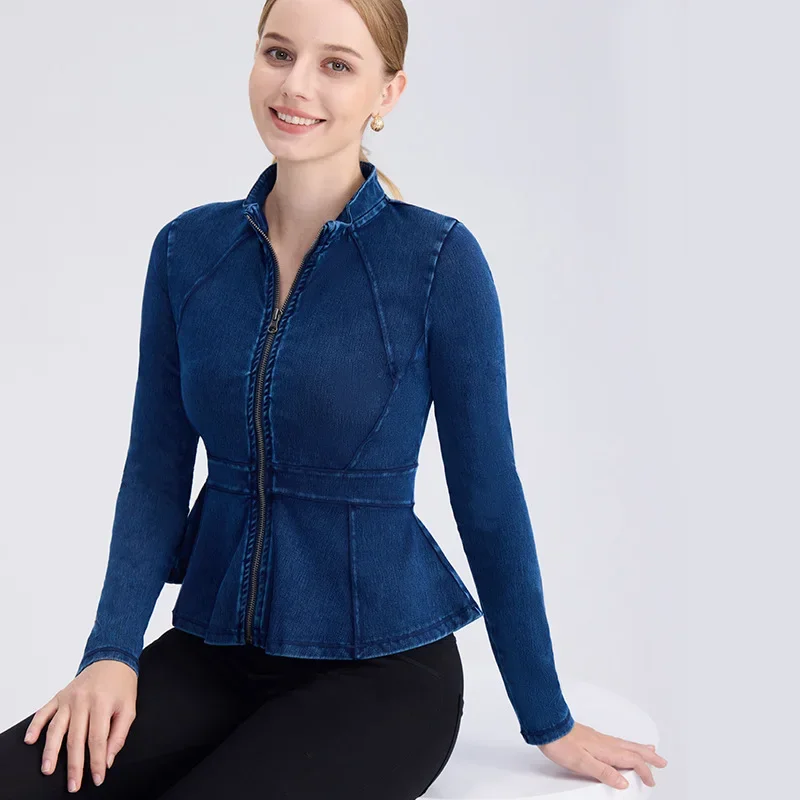 

Women's Denim Yoga Jacket High Collar Slimming Workout Top with Zipper A-Line Hem for Fitness, Outdoor Everyday Wear