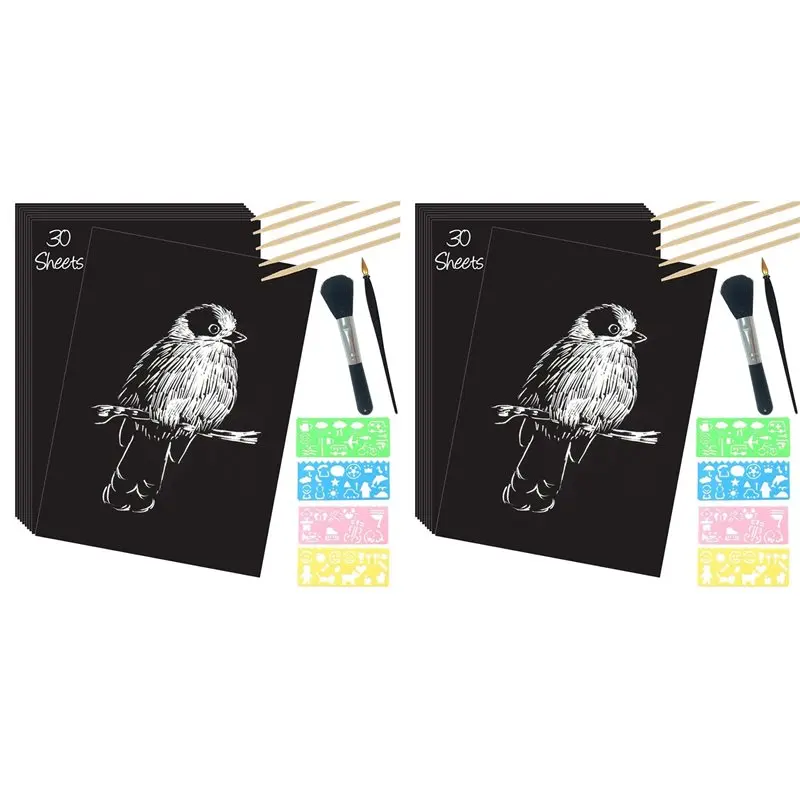 

【LAST CHANCE】Scratch Paper Art Set, 60 Sheets 8X11in Black Coated Scratchboard Large Scratch Paper With Wooden Styluses And Sten