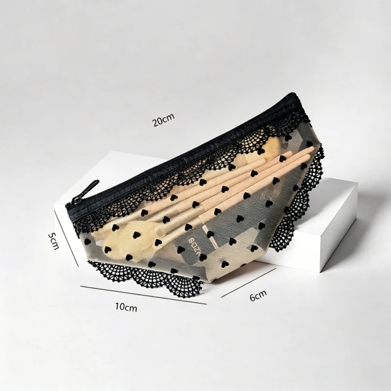 Kosmetiktasche in Slip-Form aus Netzstoff mit Spitzenbesatz, Transparente Mini-Reißverschlusstasche für Make-up, Lippenstift, Kopfhörer, Schmuckaufbewahrung, Reise-Etui – Detail 1