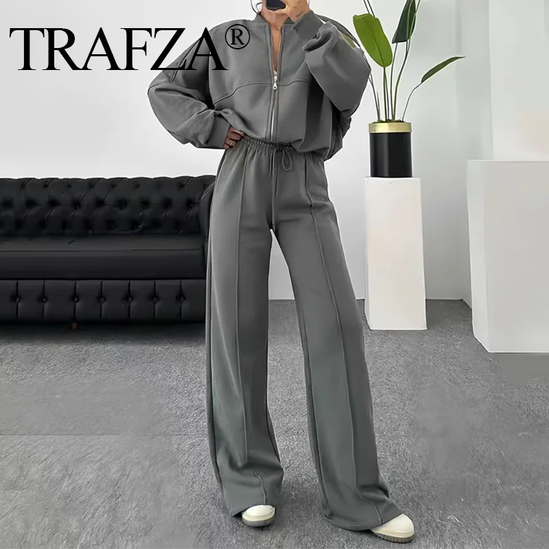 TRAFZA Women\'s 2024 Fleece Trousers Suit Baseball Sweatshirt Coat + Solid Drawstring High Waist Casual Pants Matching Set Street