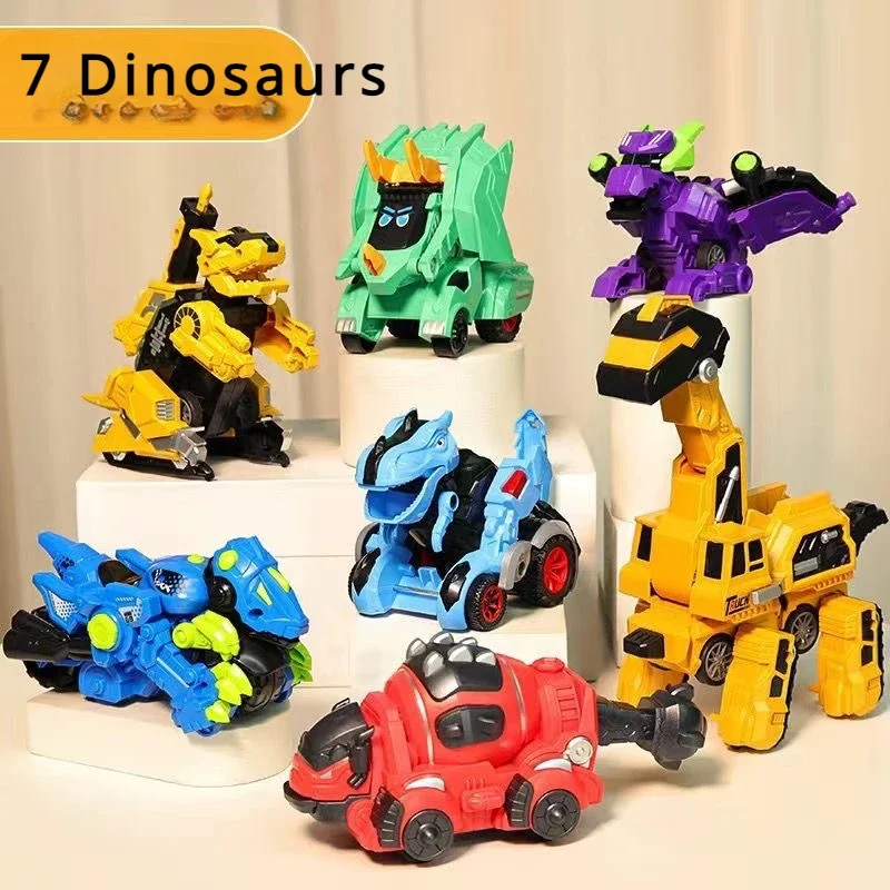 4pcs Dinosaur Collision Deformation Inertia Car Racing Boy Tyrannosaurus Rex Toy Car Deformation Engineering Car Birthday Gift