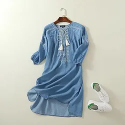 Ethnic Embroidery Denim Dresses Women Wrist Sleeve O-Neck Casual Shirt Dress Spring 2024 Vestido Jeans Feminino