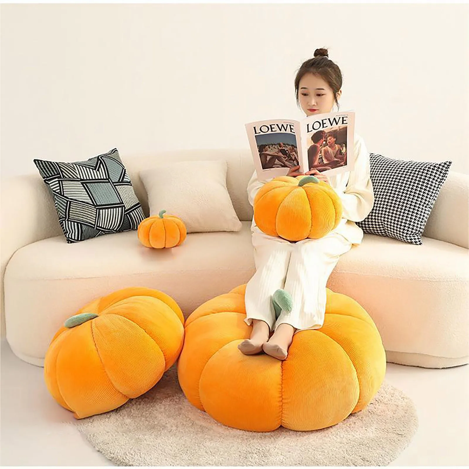 Pumpkin Throw Pillow Halloween Pumpkin Pillow Pumpkin Shaped Cushion Autumn Decorative Pumpkin Shaped Throw Pillow Cute (Orange)