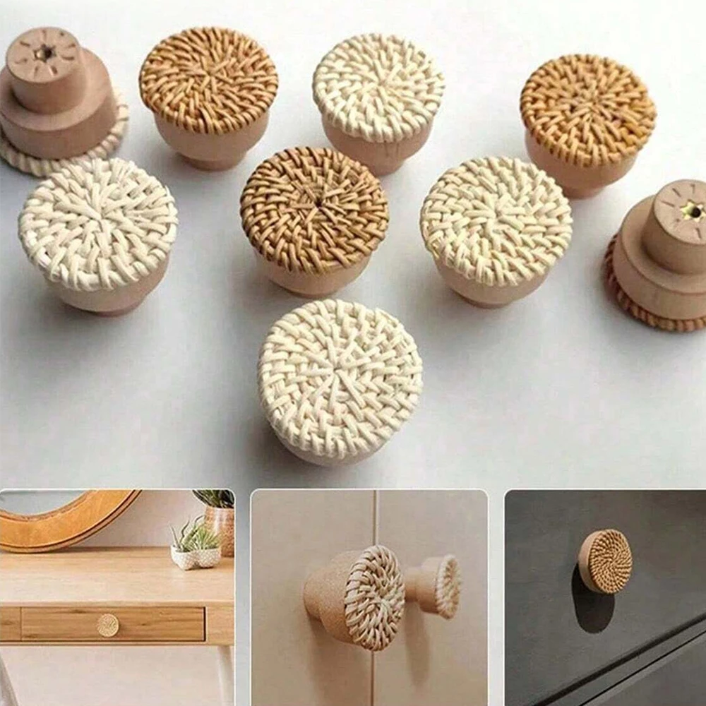 Boho Rattan Knobs Wood Handles Handmade Wicker Woven Round Cabinet Knobs Pulls Wardrobe Dresser Drawer Handles with Screws