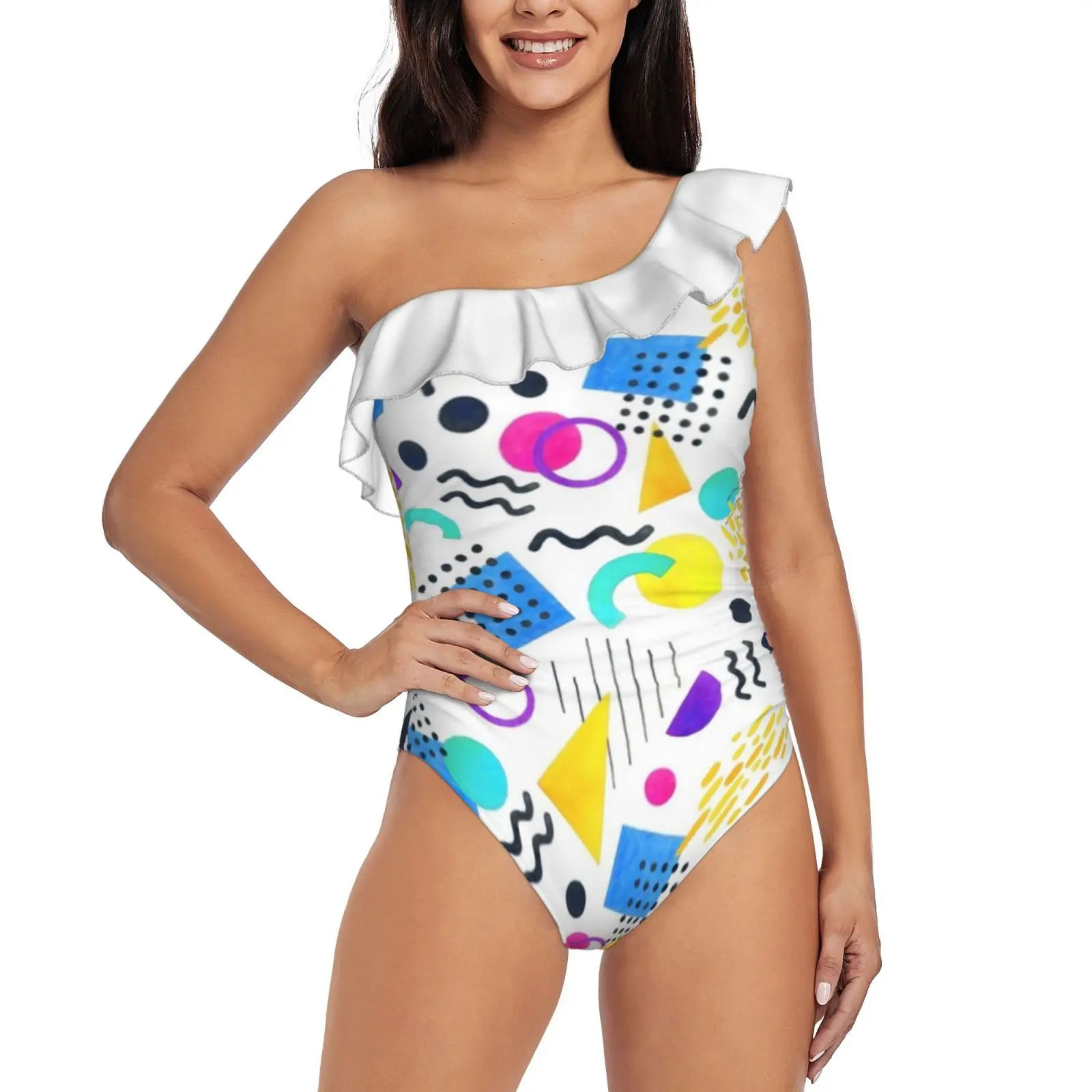 

Memphis Style One Shoulder Ruffle Swimsuit One-Piece Beach Bathing Suit Print Sexy Women Swimsuit Memphis Design Memphis Style
