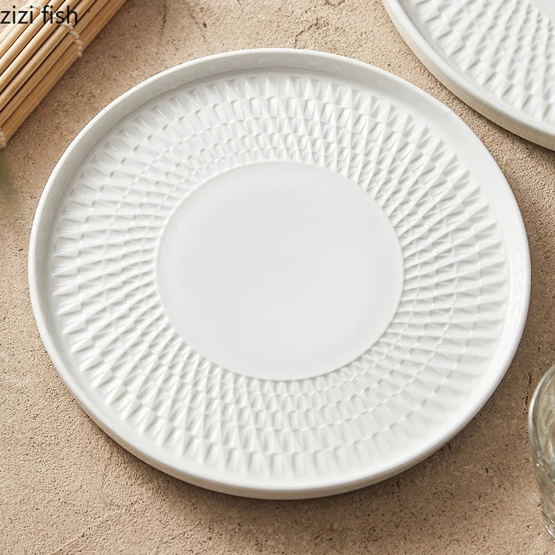 Relief Texture Ceramic Straight Edge Plate Restaurant Steak Plate Serving Plate Dessert Dim Sum Plates Specialty Tableware