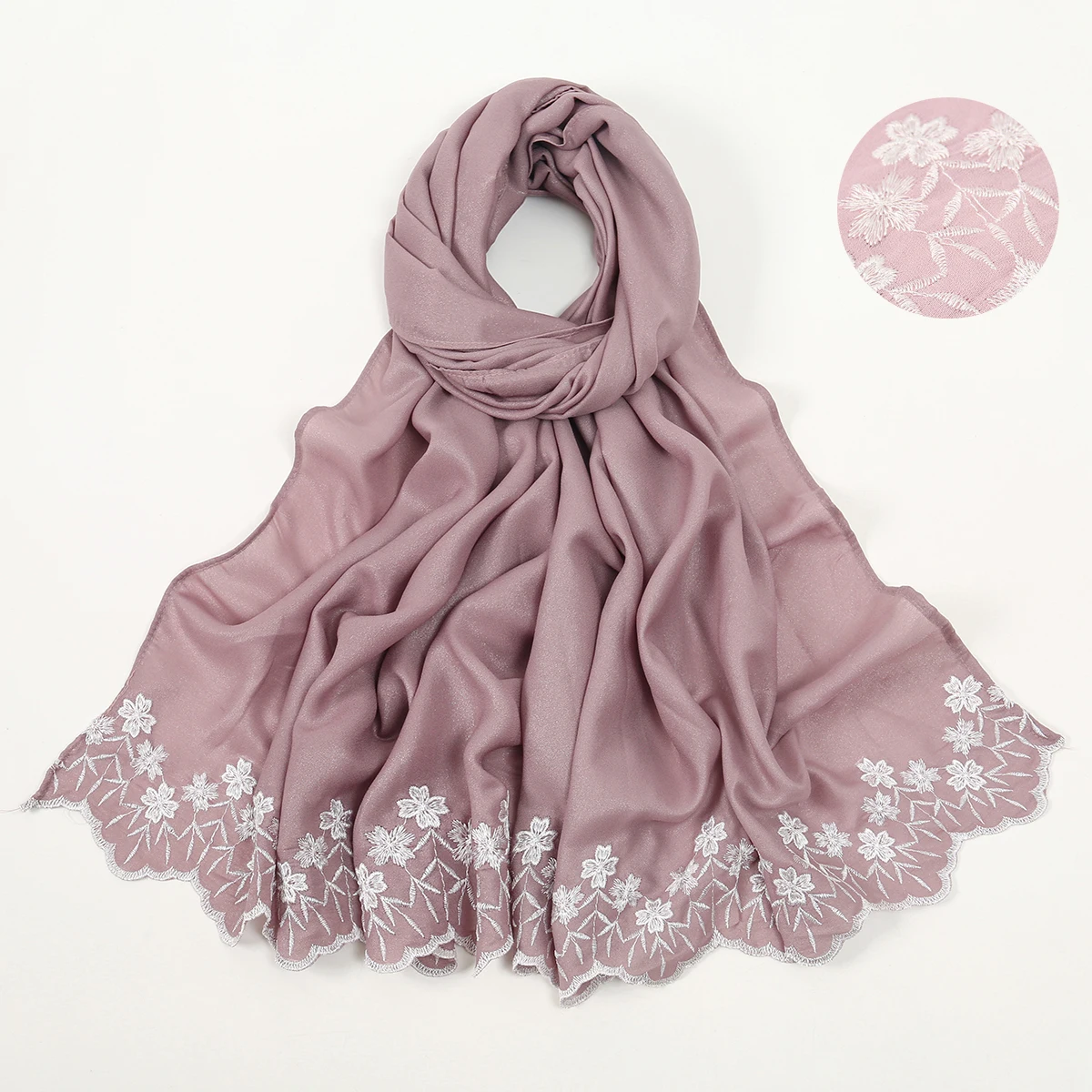 

Шифоновый хиджаб с цветочной вышивкой, женский однотонный однотонный шифоновый платок премиум-класса, шарф с волнистыми краями, перламутровый платок с вышивкой