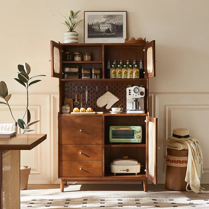 Solid wood rattan dining side cabinet, small apartment, dining room, large capacity, double layer with drawers, retro, locker