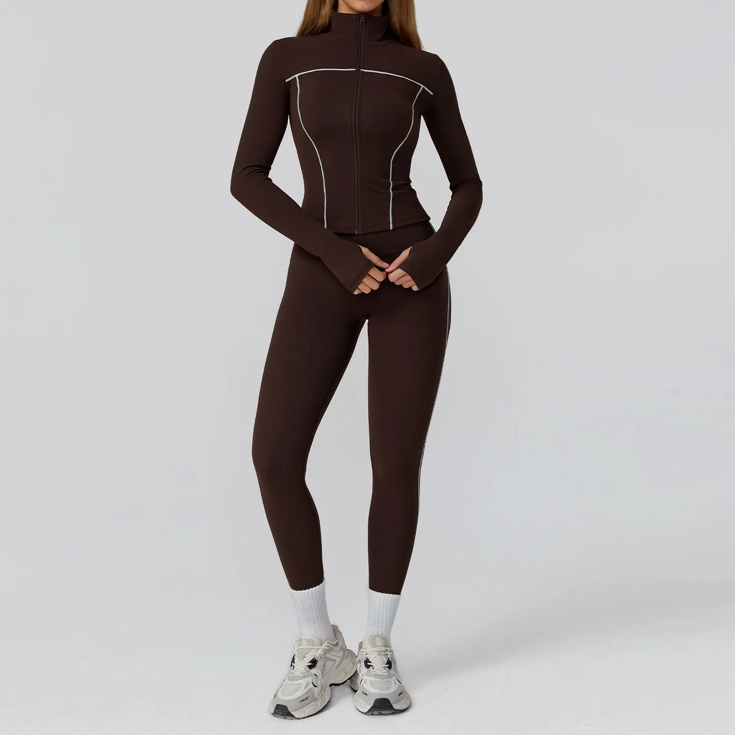 Maxdutti Color Blocking And Brushed Yoga Set Zipper Slimming Yoga Fitness Suit Casual Running And Sports Three Piece Set