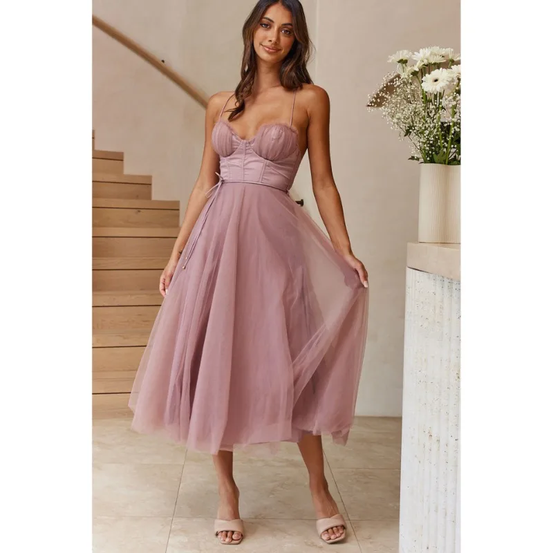 Chiffon Mesh Yarn Spaghetti Strap Long Dresses Women Solid Color Sexy Low Cut Backless Leace-up Dress Trendy Party Vestidos New