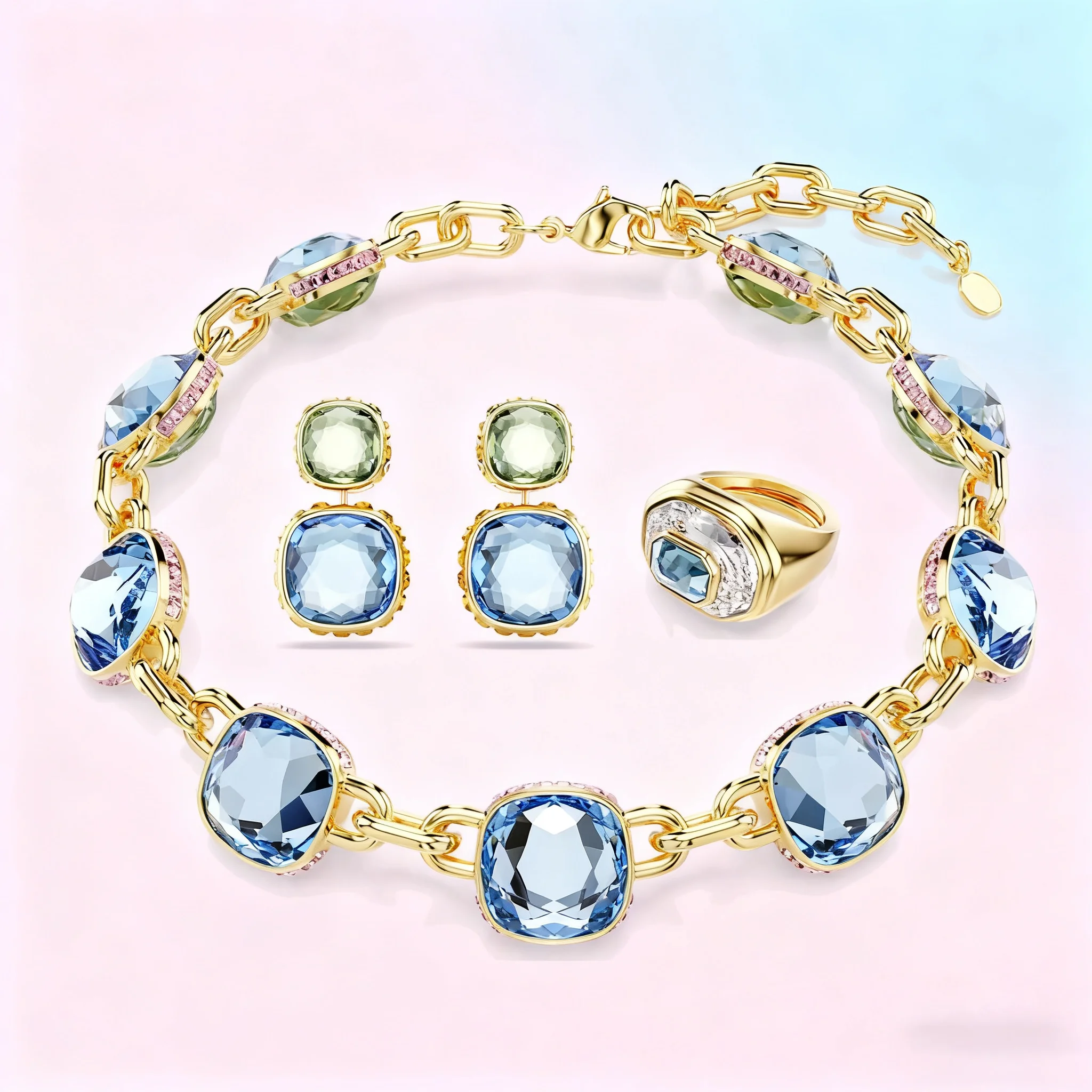 

Двусторонний браслет с вырезом, открытый браслет, 2024, роскошные квадратные серьги с кристаллами, ювелирные изделия, модное женское ожерелье, кольцо, подарок на вечеринку