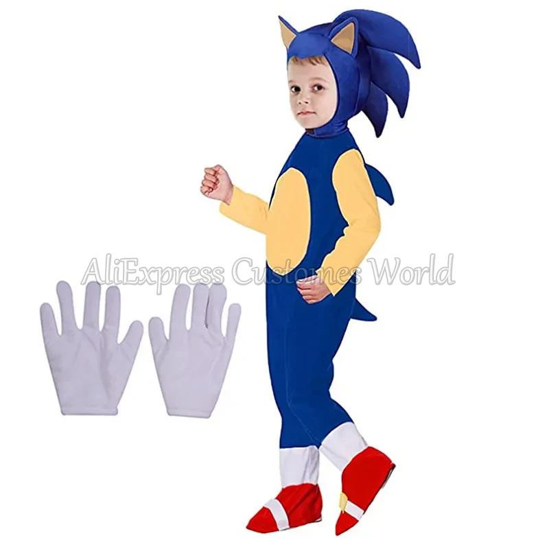 Sonics Cartoon Jumpsuit Bodysuit Kids Cosplay Disguise Hedgehog Cosplay Costume Anime Boys Girls White Gloves Halloween Gift