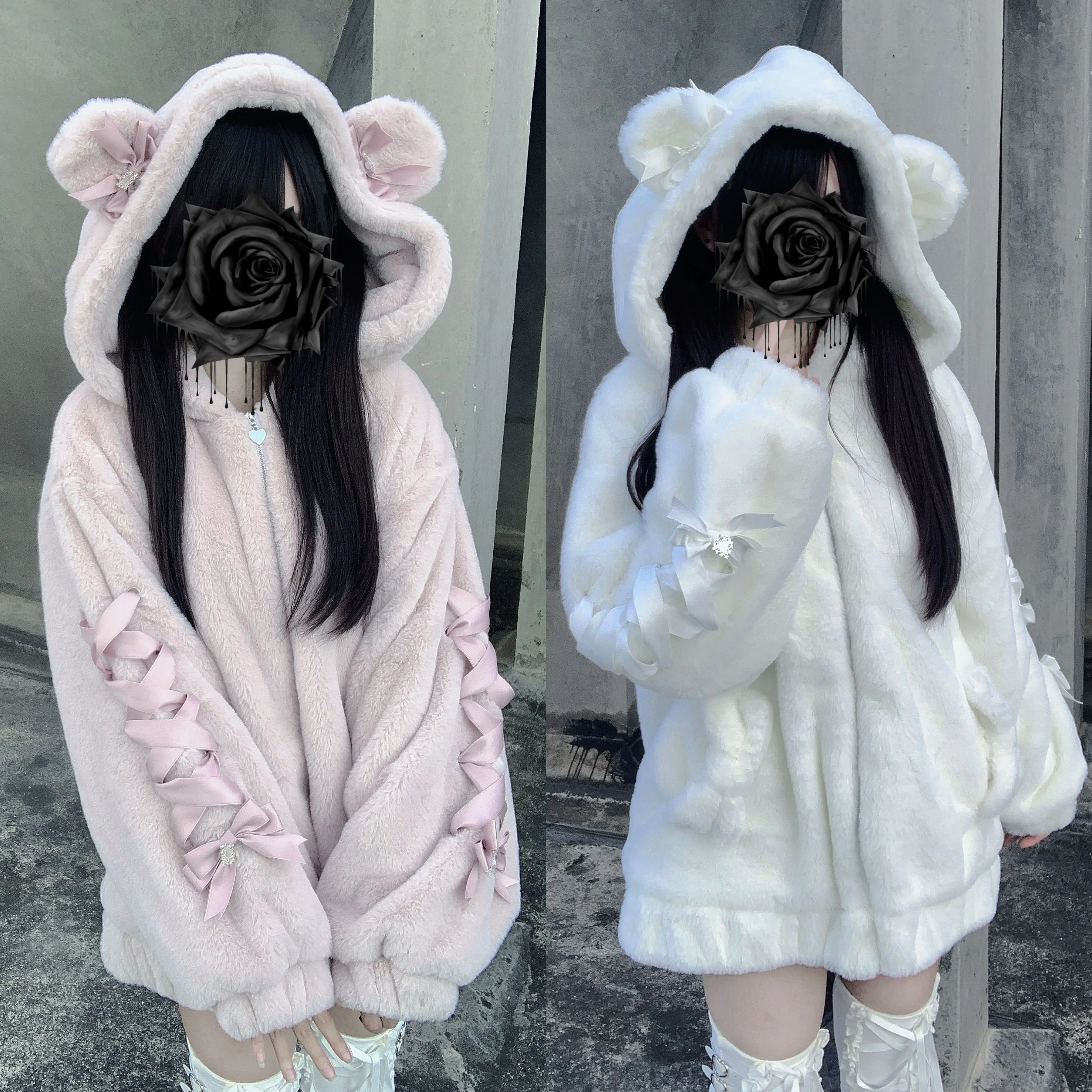 2025 Giacca invernale calda in peluche Ragazze carine giapponesi Dolce Lolita Kawaii Orecchio di gatto Cappotto in pelliccia sintetica con cappuccio Giacca in pelliccia allentata da donna