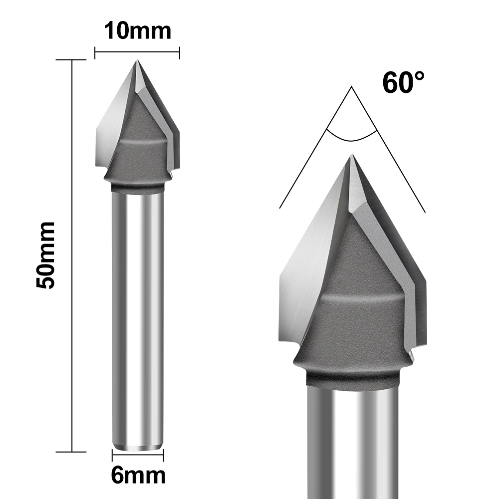 V Slot Frees 6Mm Shank 10Mm Diameter 60 Graden Hout Router Bit Carbide Frees Voor Houtbewerking