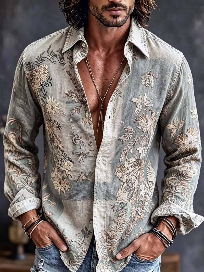 New men's Square heart-shaped Imitation Patchwork Contrasting Printed Long Sleeved Shirt With A Hanging Collar Top