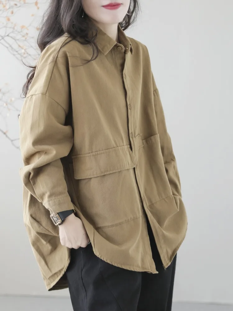 

Waed Cotton ort Jaet Women's Loose Long Sve irt Outerwear Autumn Season Faionable ket Detail Commute Sle
