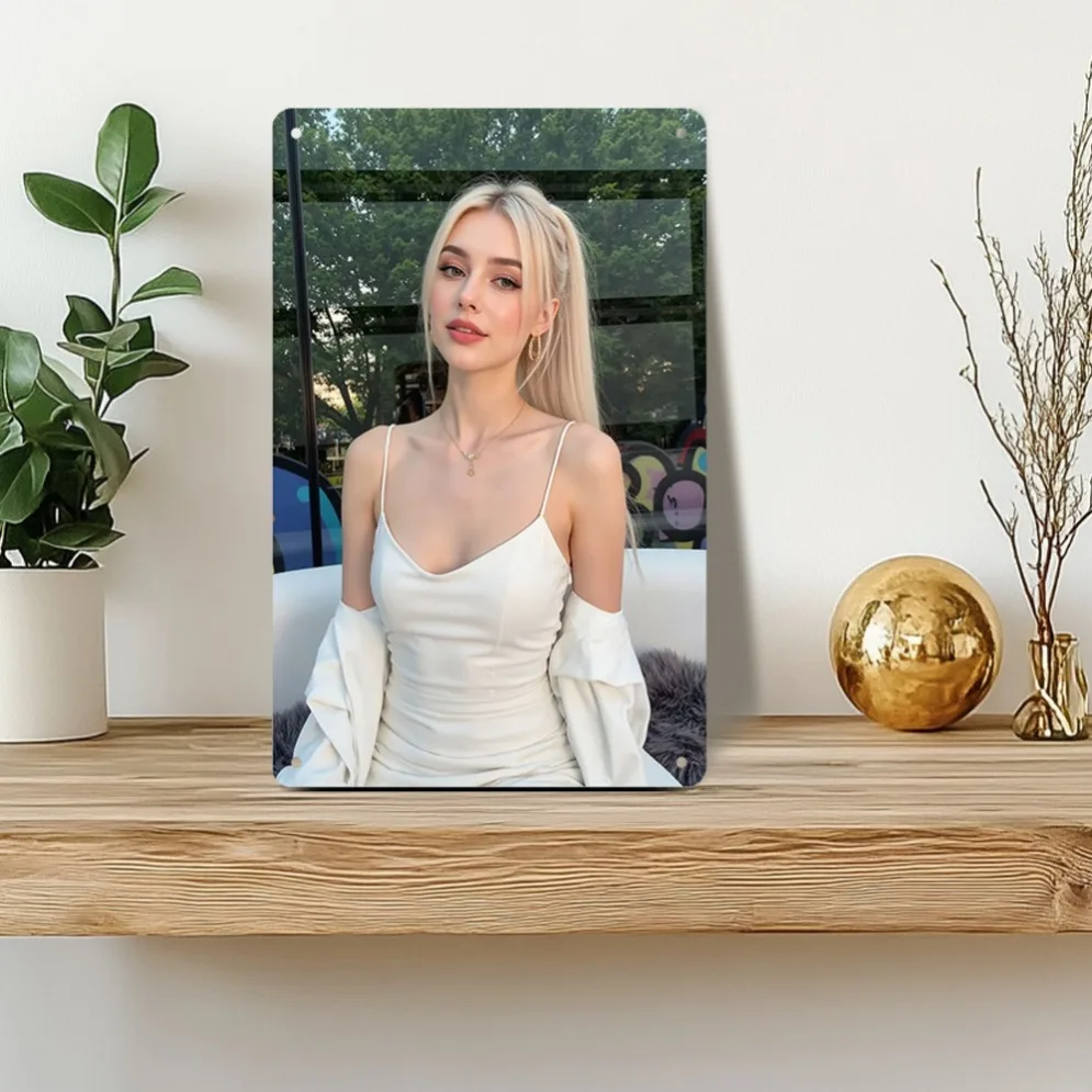 2026 Retro Metal Tin Sign Blonde Woman in White Slip Dress with Off-Shoulder Sleeves Vintage Outdoor Scene Wall Art Decor, 20