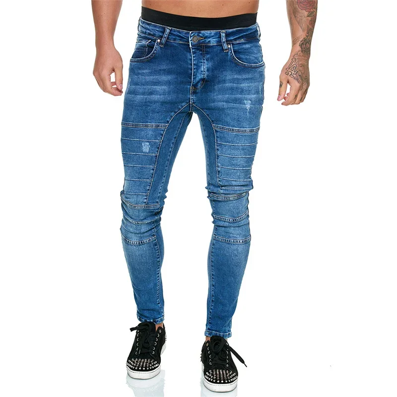 

2023 New Men's Youth Cool Biker Jeans Splicing Tight Slim Fit Pencil Denim Pants Male Four Seasons Daily Sports Casual Trousers