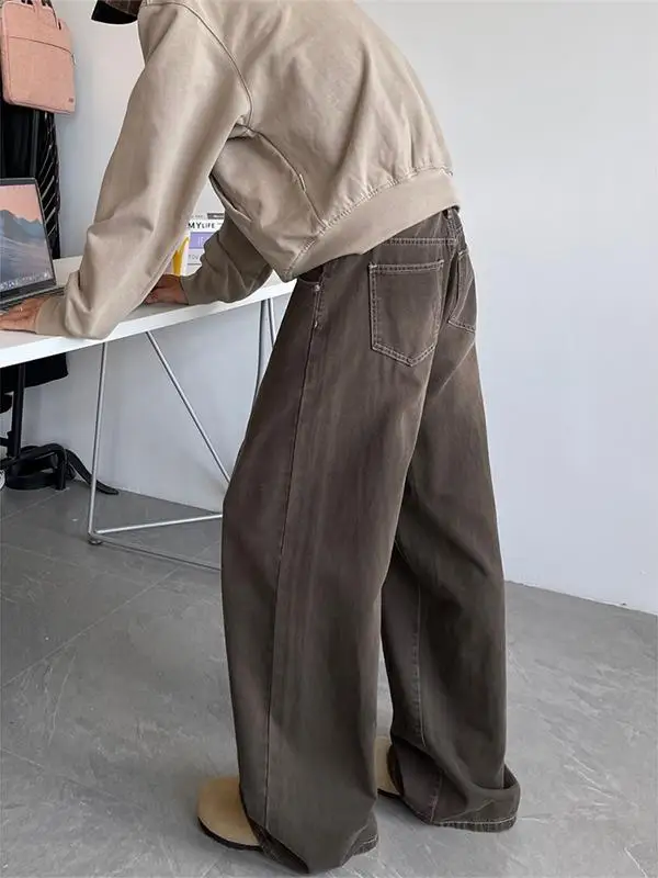 

Retro American Brown Men's Jeans Winter Thickened Straight Leg Loose Fit Wide Leg Pants Youth Trendy High Waist Cleanfit