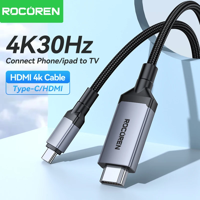 

Rocoren Type C To HDMI-Compatible Converter Adapter 4K 30Hz Cable For iPhone 15 Projectors PC MacBook Pro Laptop Tablet Samsung