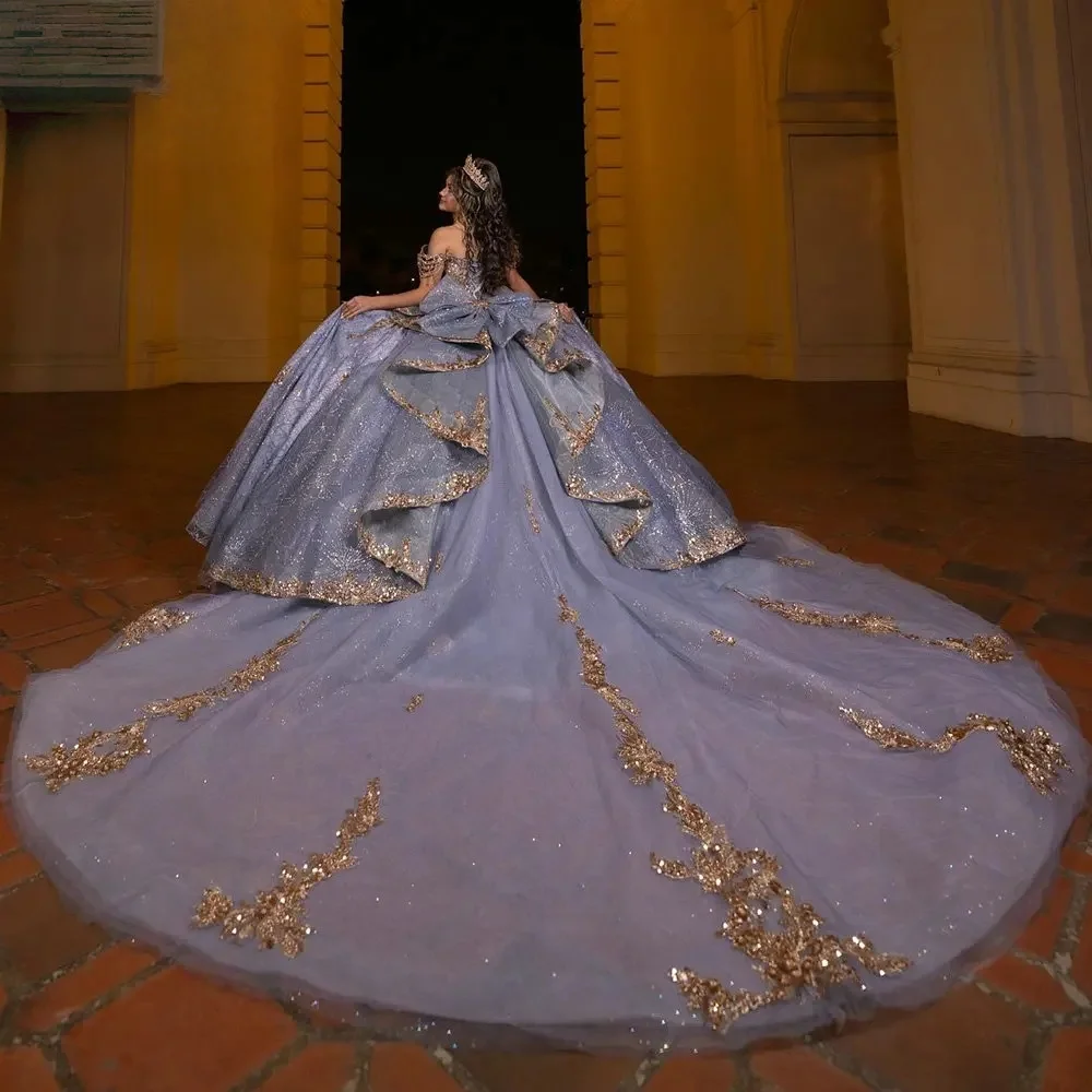 Sparkly Charro Quinceanera Dresses Ball Gown Off The Shoulder Appliques Beaded Mexican Sweet 16 Dresses 15 Anos Customized